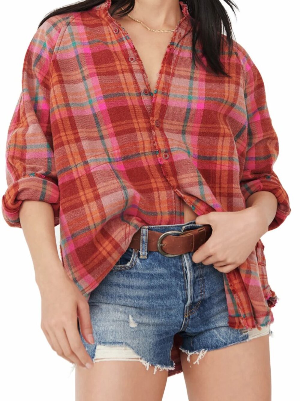 We The Free Free People Pink Plaid Daydream Button Down Oversized XS